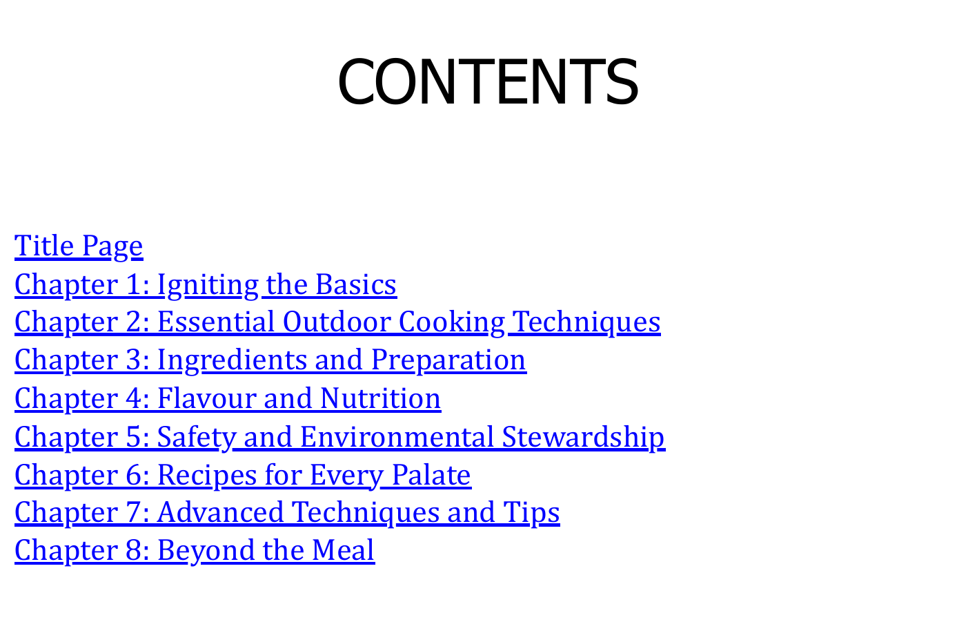 FIRECRAFT contents page listing eight chapters from Igniting the Basics through Beyond the Meal.