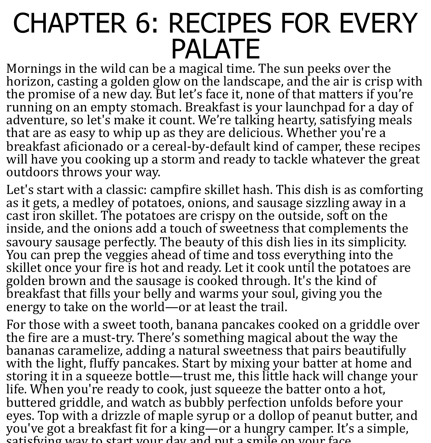 FIRECRAFT Chapter 6 page, Recipes for Every Palate, introducing campfire skillet hash, banana pancakes and oatmeal.