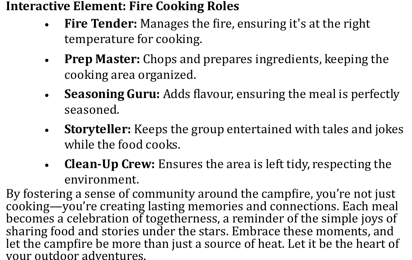 FIRECRAFT page showing five Fire Cooking Roles: Fire Tender, Prep Master, Seasoning Guru, Storyteller and Clean-Up Crew.