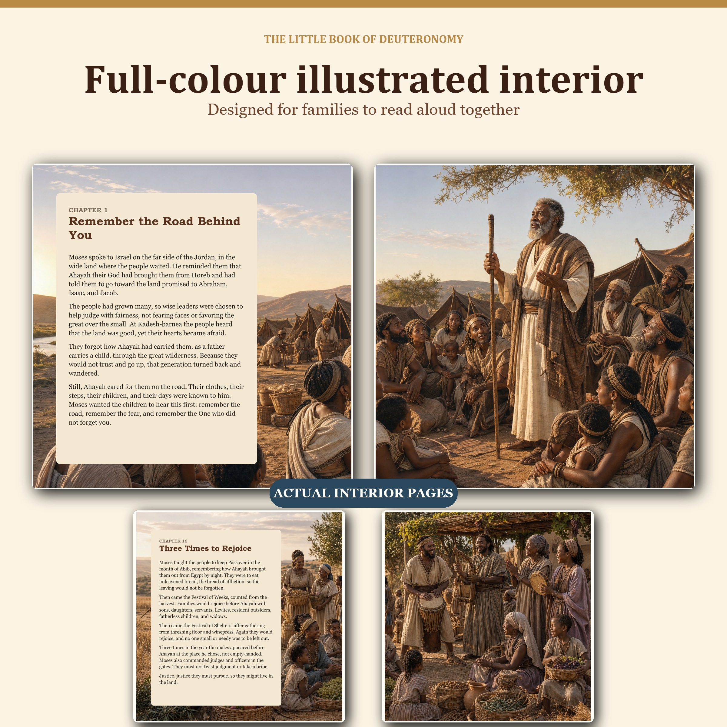 Four actual interior pages showing chapter text and full-colour biblical illustrations.