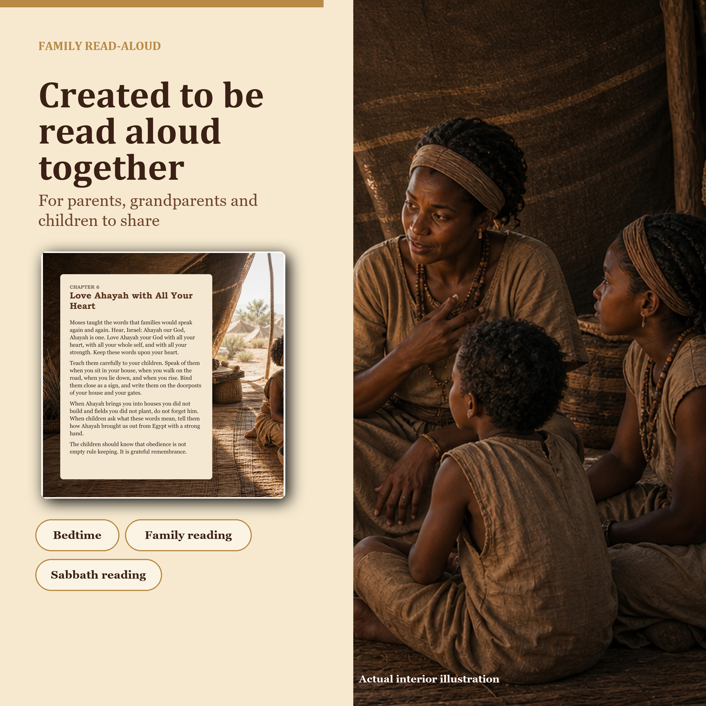 An actual Chapter 6 page beside a family reading illustration.